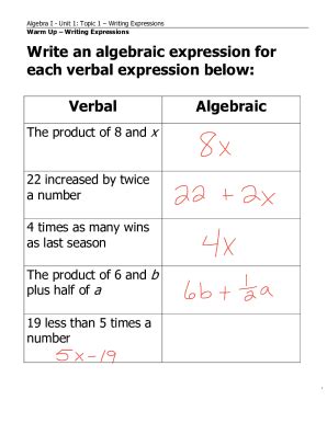 Fillable Online Write An Algebraic Expression For Each Verbal Fax