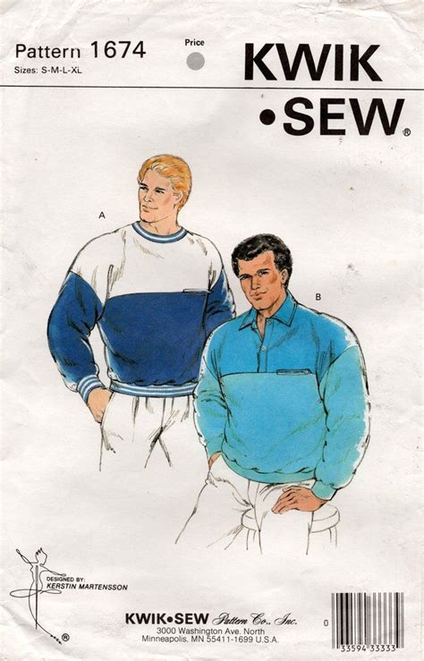 Kwik Sew Mens Stretch Color Block Sweatshirts S Vintage Sewing