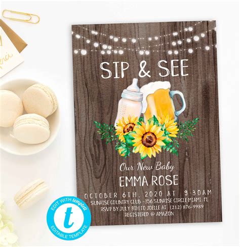 Sunflower Sip And See Invitation Printable Meet And Greet Coed Baby