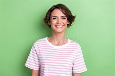 Photo Of Cute Bob Hairdo Millennial Lady Wear White Striped T Shirt