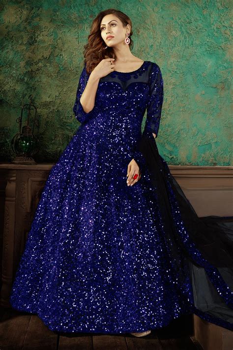 Buy Navy Blue Net Sequined Embellished Anarkali Dress With Dupatta