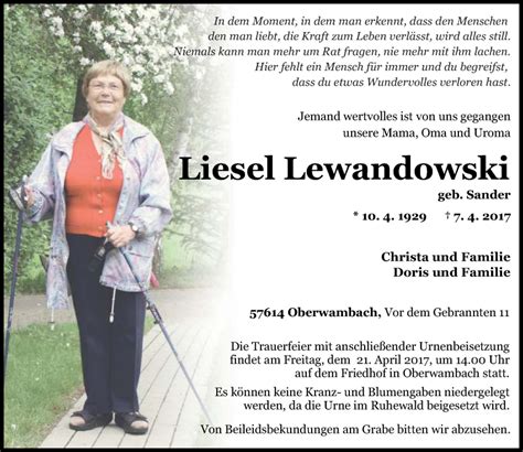 Traueranzeigen Von Liesel Lewandowski Rz Trauer De