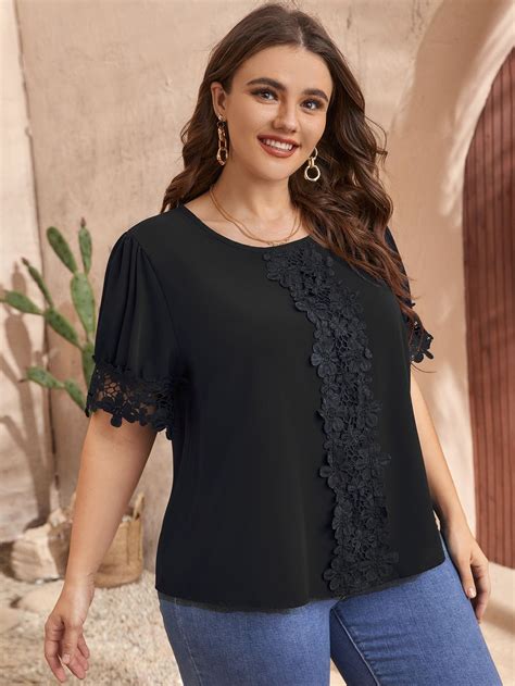 Plus Guipure Lace Panel Puff Sleeve Blouse Blusas Femininas Moda