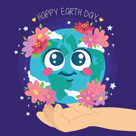 Mão Segurando Um Desenho Bonito Do Planeta Terra Com Flores Feliz Dia