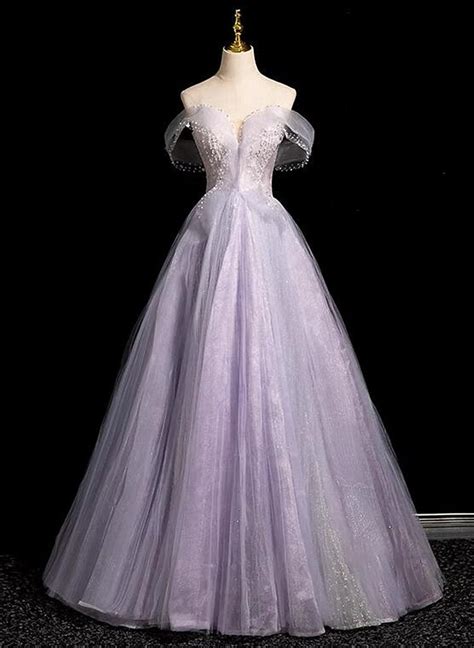 Light Purple Off Shoulder Tulle Long Party Dress, A-line Light Purple ...