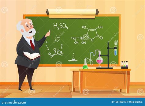 Teacher At The Blackboard In Class Chemistry Lesson In School Cartoon