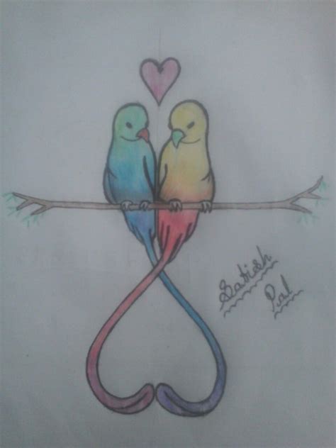 Pencil Color Sketch of Love bird - Desi Painters