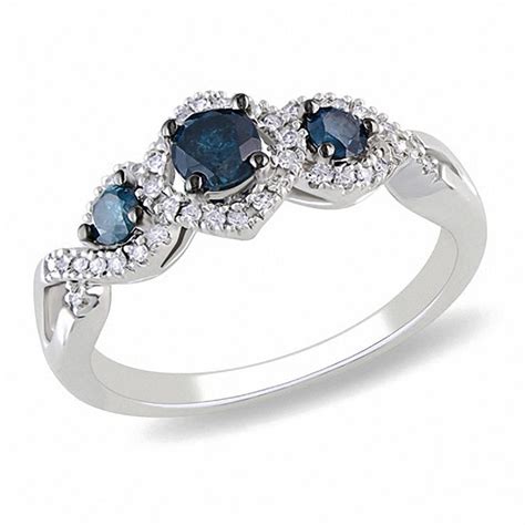 Ct T W Enhanced Blue And White Diamond Frame Three Stone Ring In