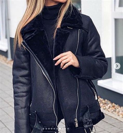 Zara Black Faux Leather Shearling Fur Double Faced Biker Jacket Aviator