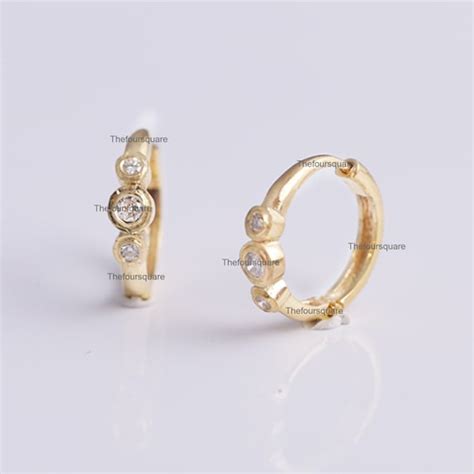 3 Diamond Bezel Set Huggies 14k Solid Yellow Gold Natural Si Etsy