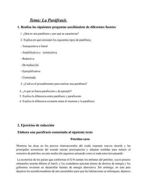 Actividades sobre la parafrasis Tema La Paráfrasis 1 Realiza las