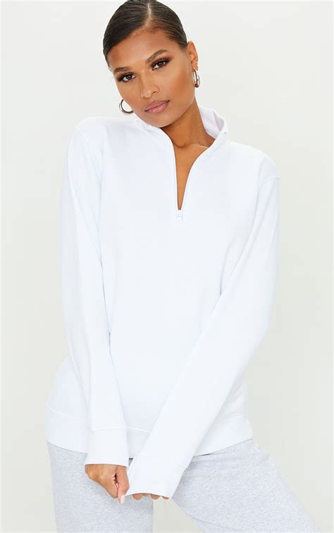 White Half Zip High Collar Sweatshirt Tops Prettylittlething Il