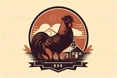 Rooster and barn with fence and grass in silhouette vintage logo ...