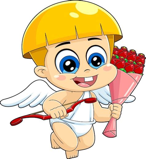 Lindo personaje de dibujos animados de bebé cupido con ramo de regalo