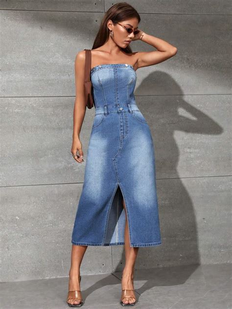 Split Thigh Tube Denim Dress Shein Usa