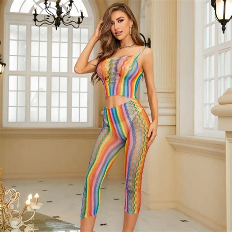 New Sexy Lingerie Rainbow Fishnet Color Women S Underwear Bodysuits Costumes Transparent Hot