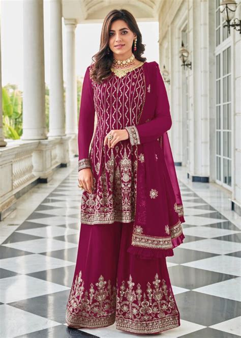 Magenta Pink Heavy Designer Work Wedding Festive Special Sharara Suit