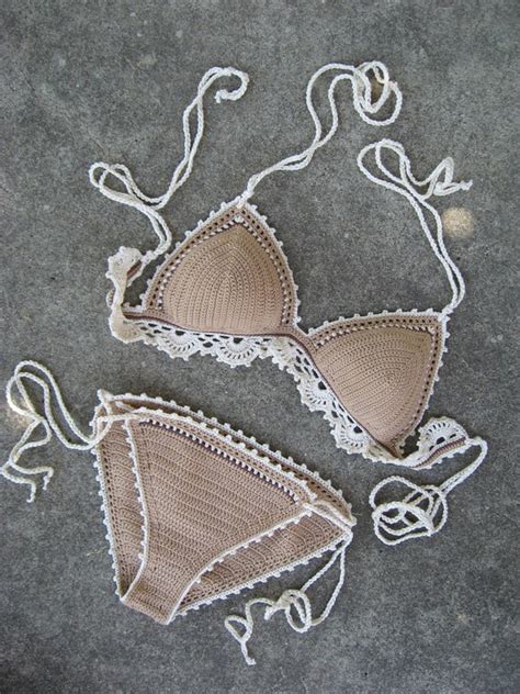Crochet Bikini Set With Lace Edging In Nude With Cream And Etsy