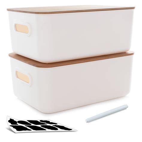 Citylife 2 PCS Large Stackable Plastic Storage Bins With Bamboo Lids