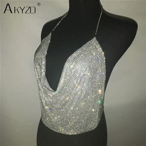 Akyzo Sexy Halter Handmade Shiny Rhinestones Crop Top Women Backless