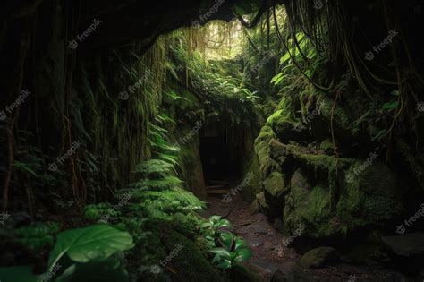 Premium Ai Image A Dark Cave With A Mossy Tree Trunk And A Mossy Cave