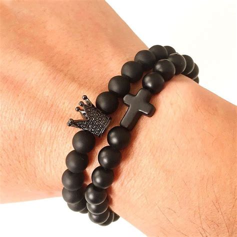 Hot Mens Rhodium Plated Crown Cross Matte Agate Gemstone Beaded