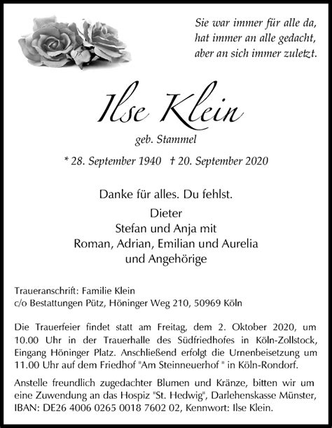 Traueranzeigen Von Ilse Klein Wirtrauern