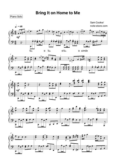 Sam Cooke - Bring It On Home to Me sheet music for piano download | Piano.Solo SKU PSO0016003 at