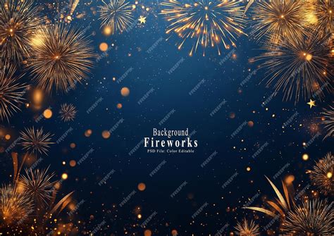 festive yellow fireworks   dark background  space  copy