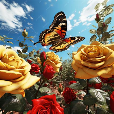 Premium Ai Image Illustration Of A Yellow Butterfly On A Red Rose