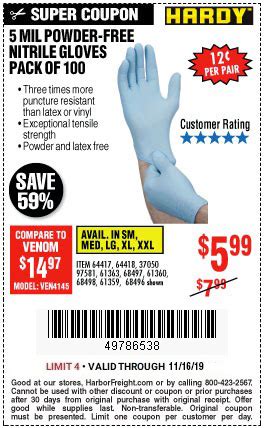 Buy the Hardy 5 Mil Nitrile Powder-Free Gloves 100 count for $5.99 – Harbor Freight Coupons