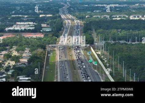 Slow traffic at industrial roadworks in Sarasota, Florida. Wide ...