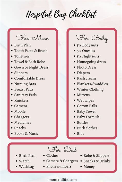 Printable Hospital Bag Checklist