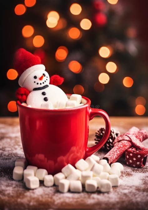 Christmas Hot Chocolate With Marshmallow Snowman On Cozy Background Stock Illustration