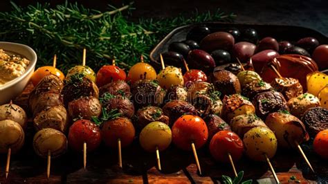 A Platter Of Potatoes And Tomatoes With Skewers Stock Illustration