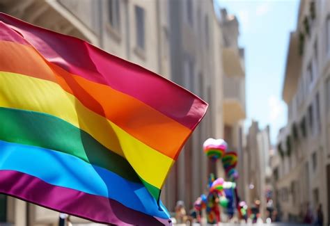 Una Bandera Del Arcoíris Lgbtqia Ondea En Un Desfile Foto Premium