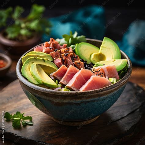 Ahi Tuna Poke Bowl Fresh And Flavorful Seafood Delight Stock Photo