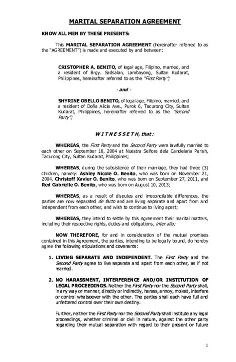 Marital Separation Agreement Template