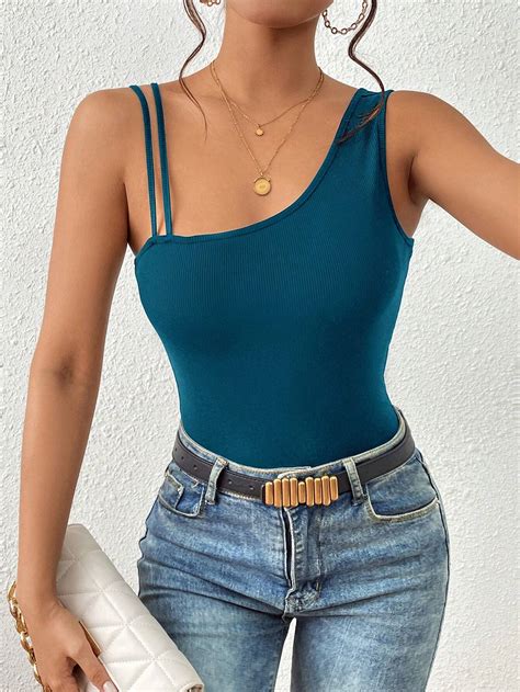 Shein Essnce Solid Asymmetrical Neck Top Shein Usa