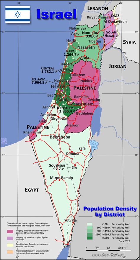 Israel Karte Bevölkerungsdichte und Verwaltungsgliederung