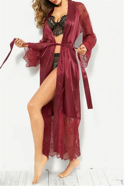 Wholesale Burgundy Sexy Solid Patchwork See Through Cardigan Lingerie