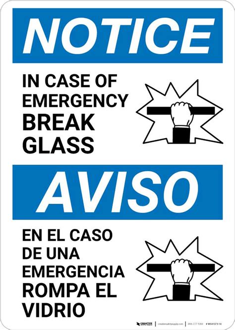 Notice Bilingual Spanish In Case Of Emergency Break Glass With Icon Portrait Creative Safety