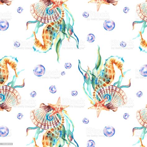 해양 동물의 원활한 패턴입니다 조개 해마 해초 불가사리 수채화 그림입니다 배경 콜라주 0명에 대한 스톡 벡터 아트 및 기타
