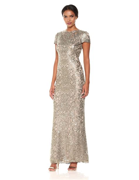 Tadashi Shoji Womens Short Sleeve Sequin Lace Gown