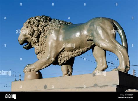 One Of The Two Famous Lion Sculptures On Palace Pier Beside The Neva