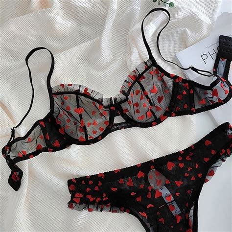 Generic Sexy Sexy Lace Underwear Ultra Thin See Through Heart Shape Printed Lingerie Set Large