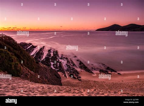 One Mile Beach In Forster Town Of Australia On Pacific Coast At Sunrise View From Tall Sand