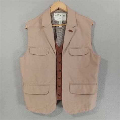 Orvis Vest Mens L Tan Canvas Formal Waistcoat Western Leather Trim