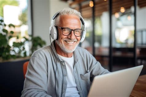 Premium AI Image Mature Man With Computer Smiling Generative AI