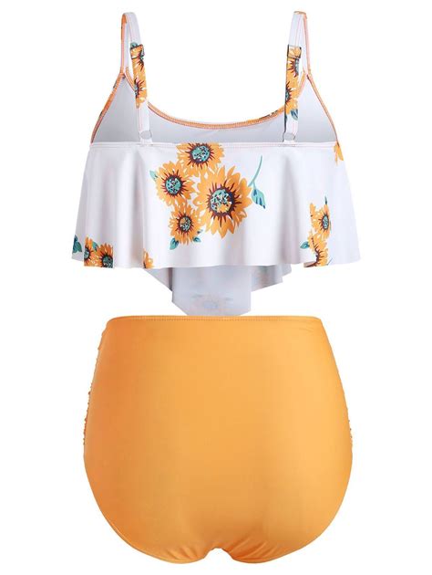 Off Plus Size Ruffled Sunflower Print Bikini Set In Sunrise